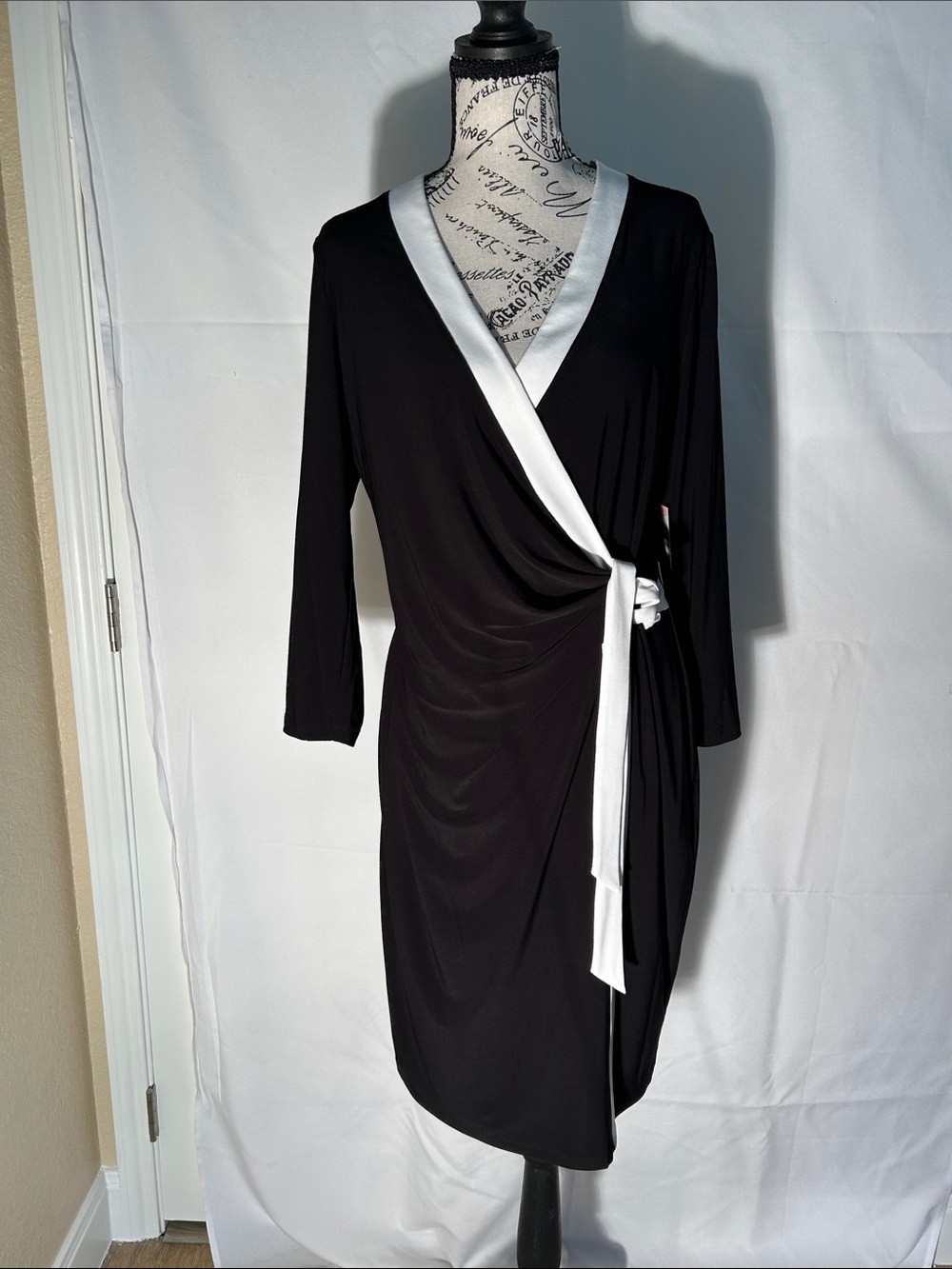 Anne Klein Black Wrap Dress with White Trim